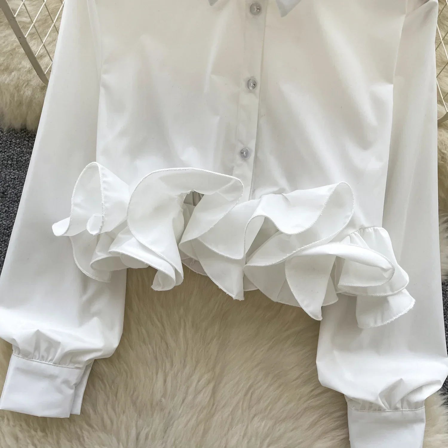 Women's 3D Floral Long Sleeve Blouse Single Breasted Turn-Down Collar Slim Fit Solid Color Shirt