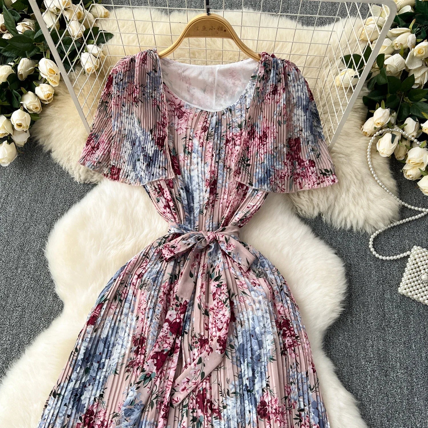 Retro Floral Chiffon Midi Dress With Ruffle Details