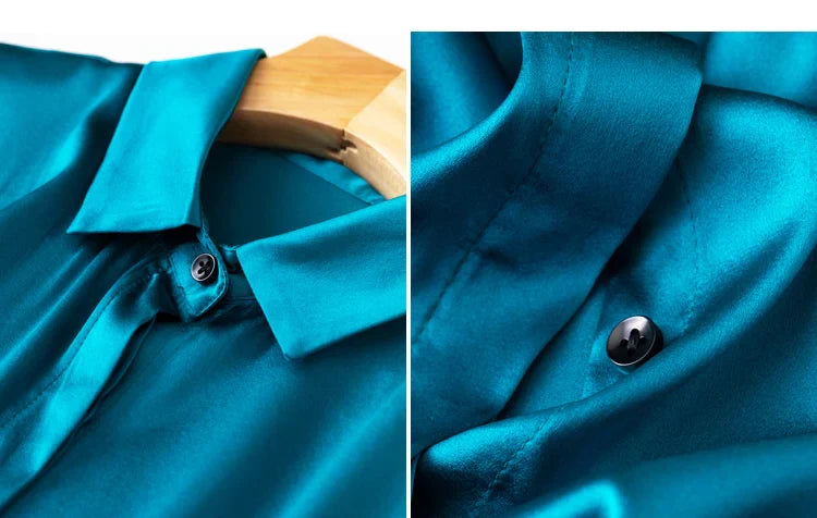 Women Satin Silk Shirt 93% Mulberry Silk 7% Spandex 19 Momme Classic Long Sleeve Blouse Solid Color Office Top for Women M L XL XXL