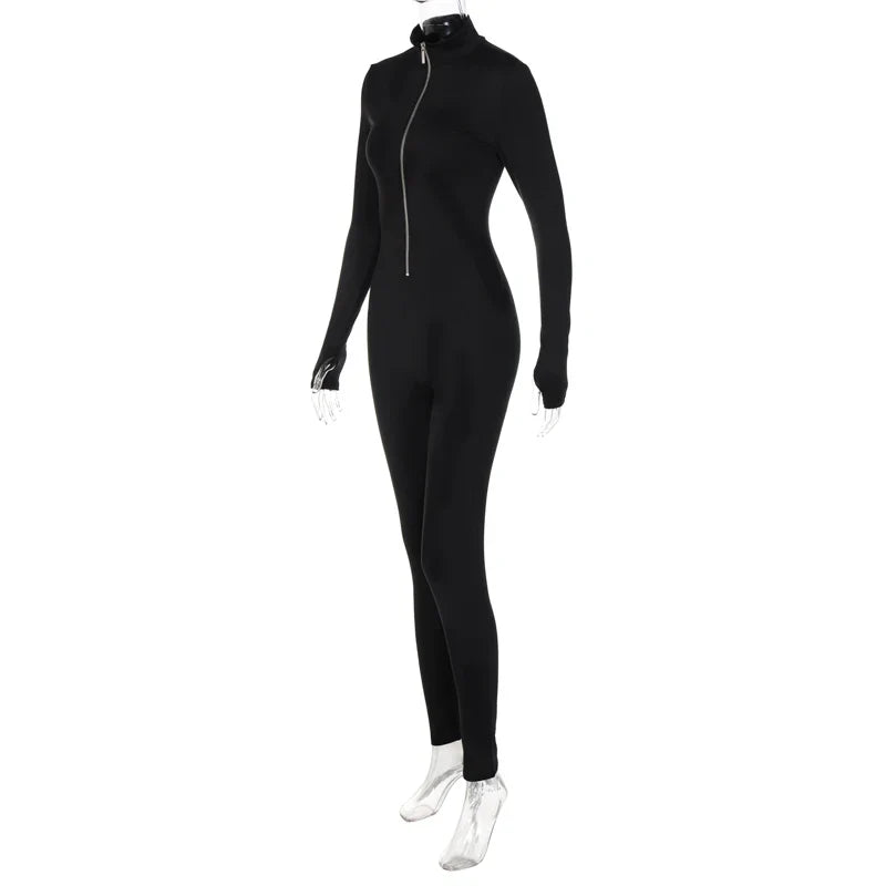 Long Sleeve Zipper Bodycon Jumpsuit Solid Color Casual Sexy Romper Club Streetwear for Autumn and Winter