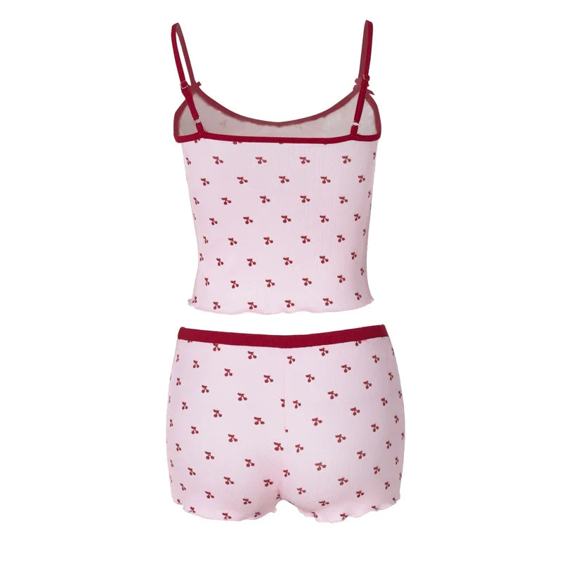 Cherry Print Two-Piece Matching Set with Slim Crop Camisole Top and Bow-Accent Shorts Summer Casual Festival and Workout Outfit for Women