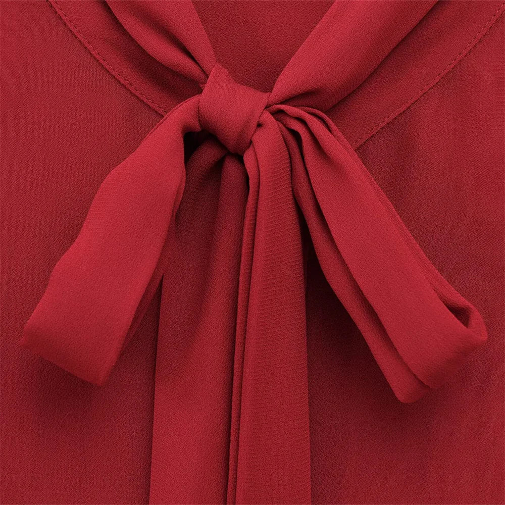 Women's Casual Long Sleeve Bow Tie Shirt Retro Loose Fit Solid Color Spring Top