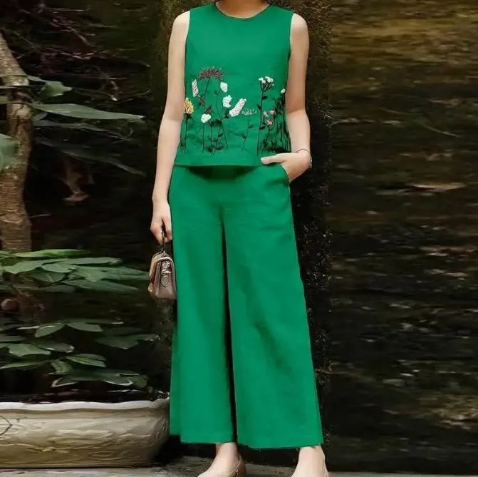 Women's Cotton and Hemp Two Piece Set Loose Elegant Sleeveless Commuter Outfit with Embroidery