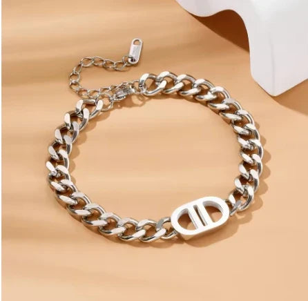 Gold Color Cuban Chain Necklace and Bracelet Set for Women with Geometric Charms