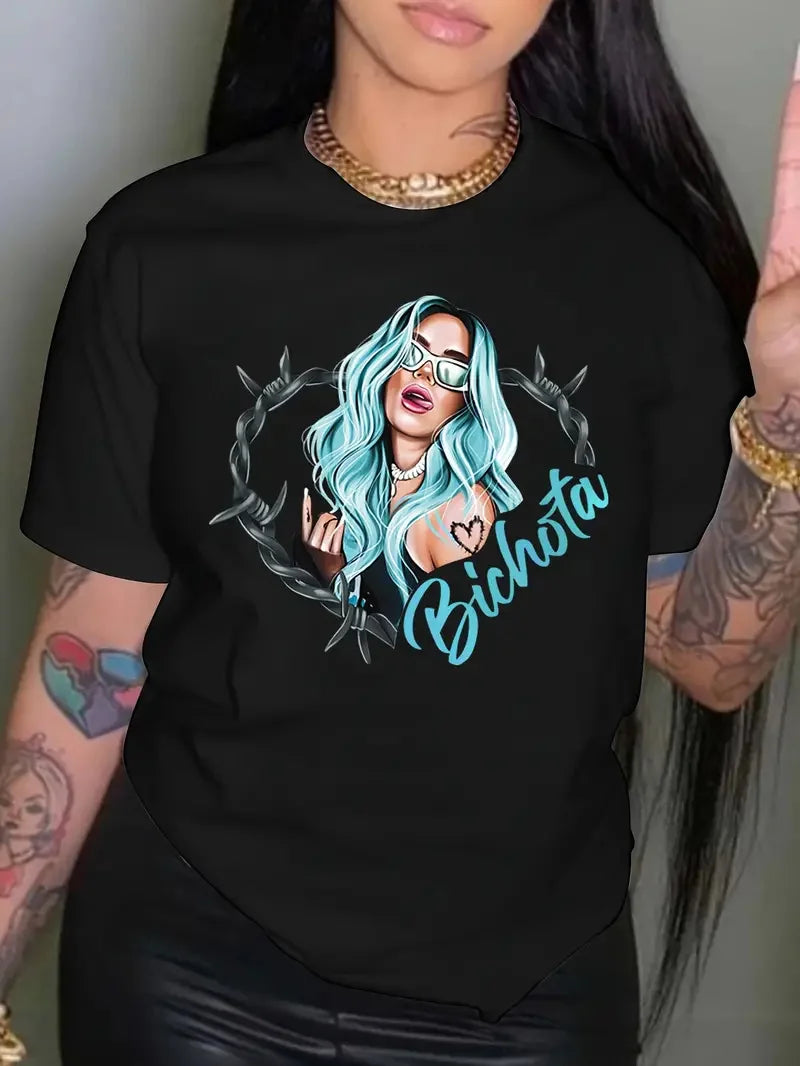 Bichota Print Casual Crew Neck T-Shirt for Women, Short Sleeve Drop Shoulder Top