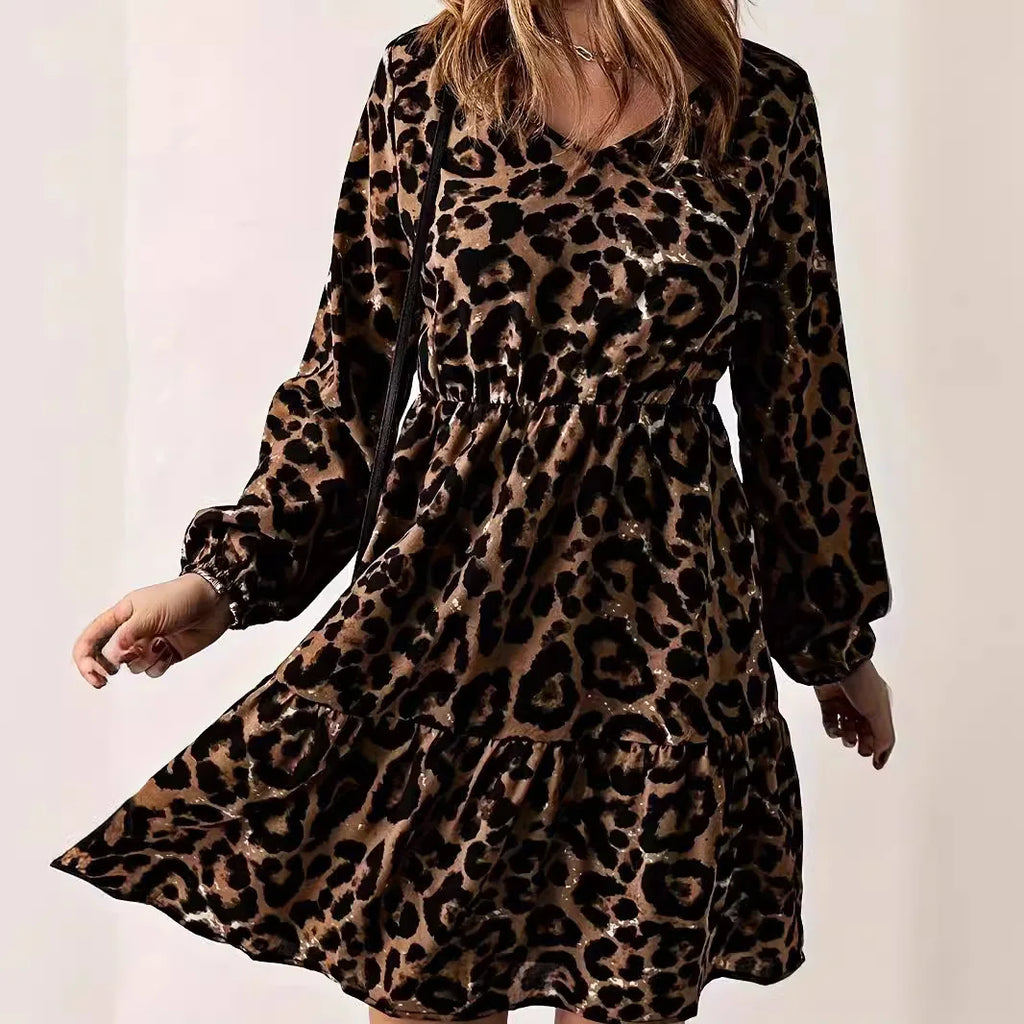 Leopard Print Long Sleeve Dress with V Neck Knee Length