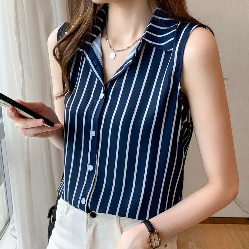 Striped Sleeveless Chiffon Blouse for Women Summer Vest Casual Lightweight Tops Basic White Shirt