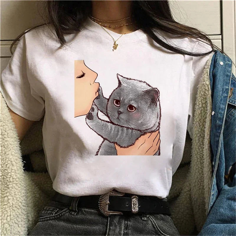 Summer Women Cute Cat Printed T-Shirt Casual Vintage Tee Top
