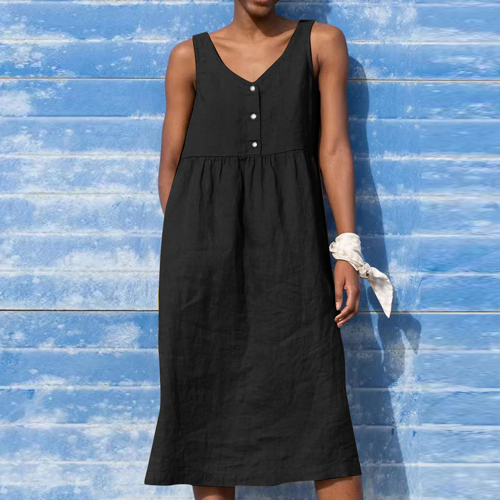 Boho Cotton Linen Sleeveless Dress For Women Summer Holiday