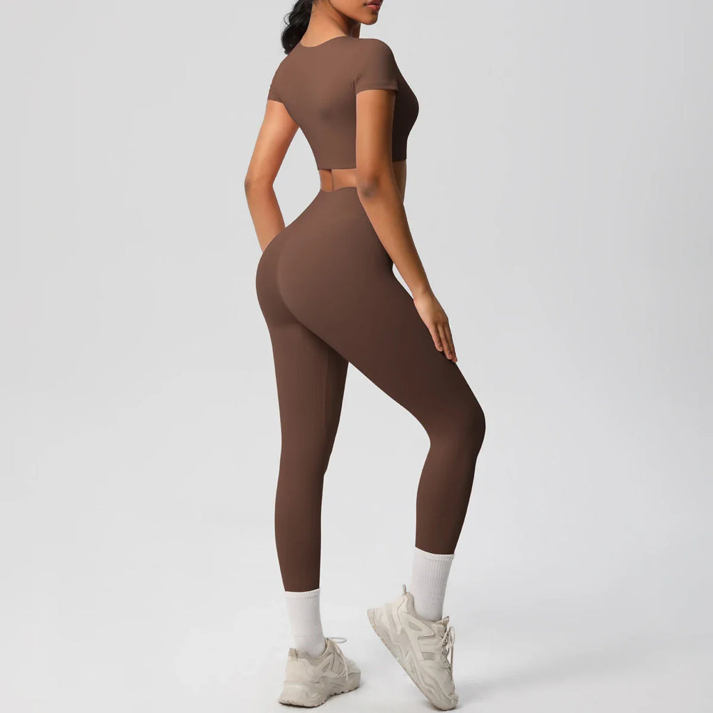 Yoga Set for Women Fitness Sportswear with Short Sleeve Top and High Waist Leggings