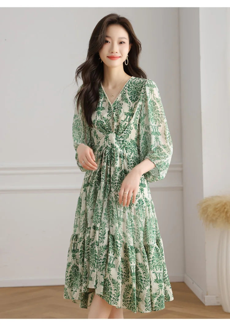 Floral Chiffon Dress For Women V Neck A Line Dress