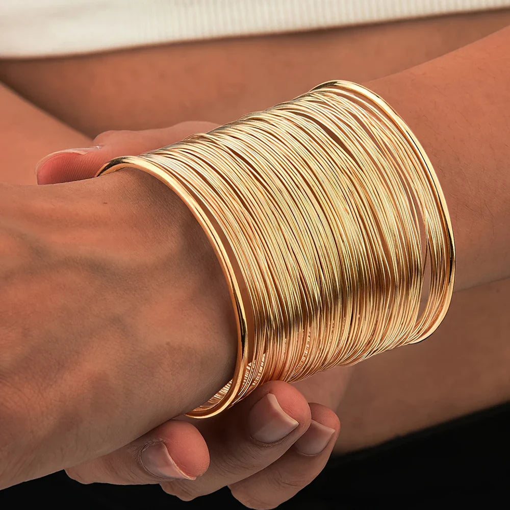 Vintage Hyperbolic Layered Gold Plated Wide Wire Cuff Bracelet for Women Chunky Wrist Wrap Jewelry Gift