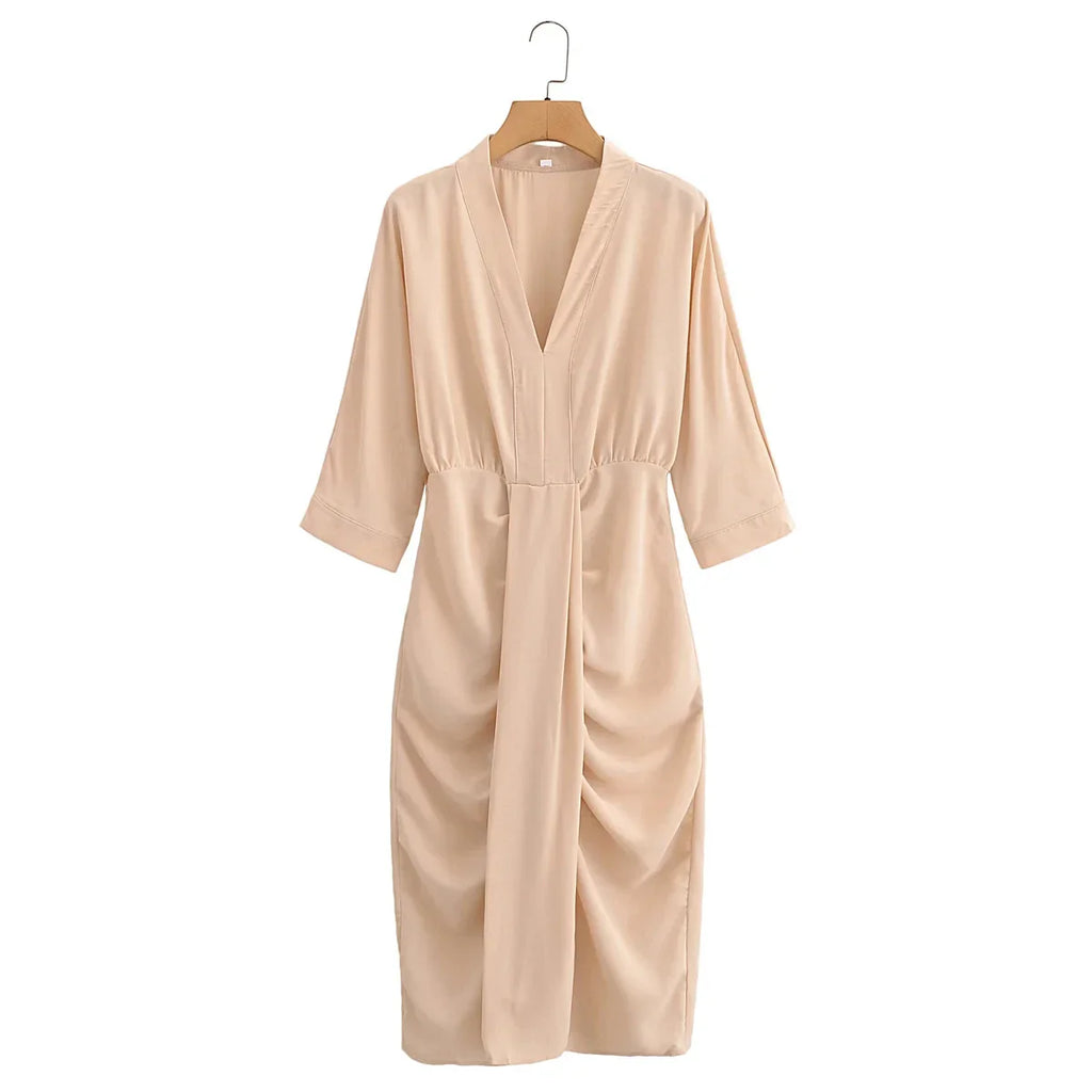 Women Elegant Solid Waist Draped V Neck Evening Dress