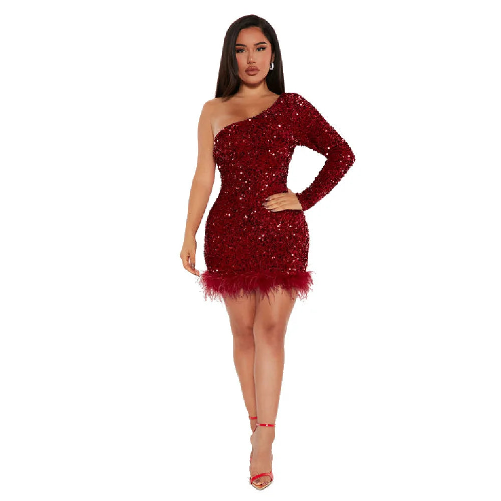 Elegant Off Shoulder Sequin Party Dress Long Sleeve