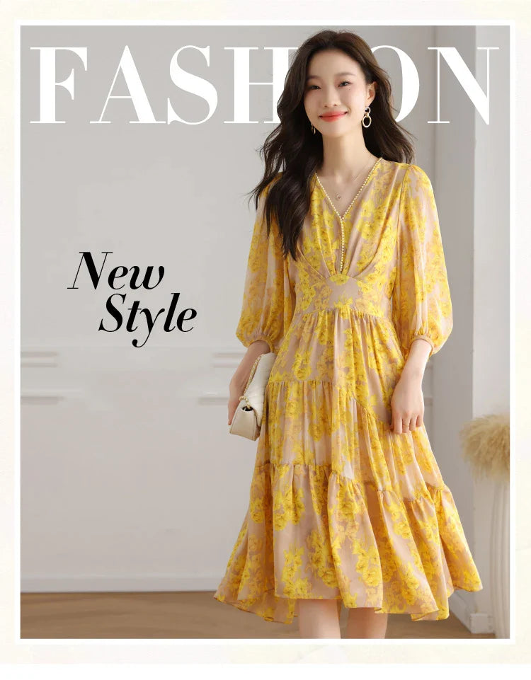 Floral Chiffon Dress For Women V Neck A Line Dress
