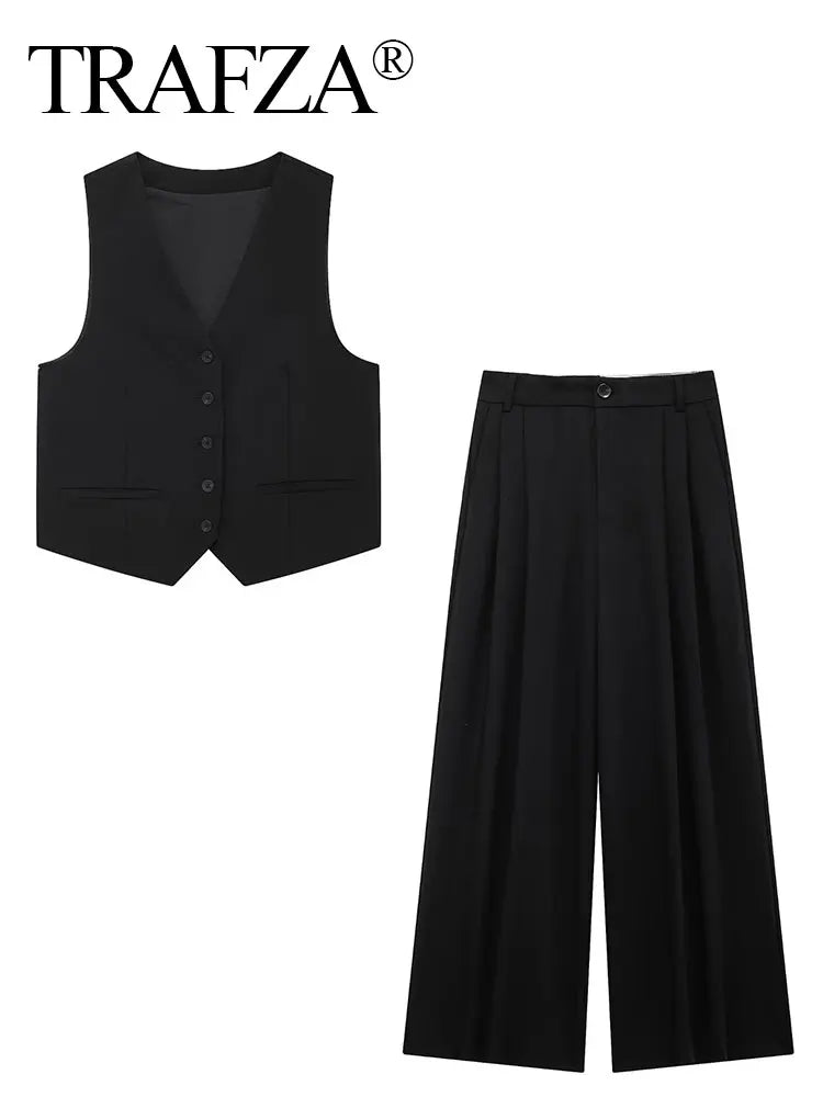 Women Solid Pant Sets with Adjustable Back Strap and V-Neck Vest High Waist Trousers Fashion Outfit