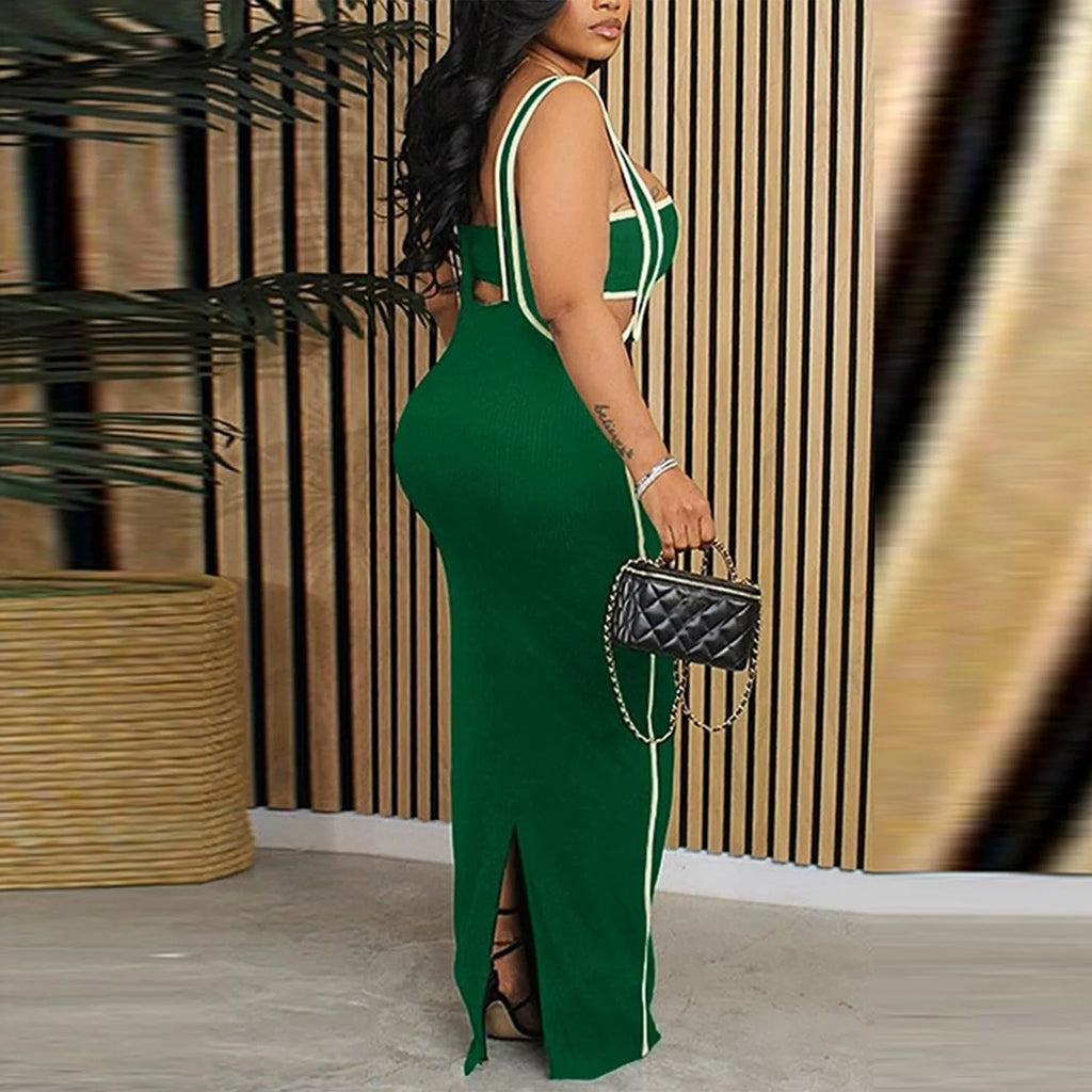 Two Piece Bodycon Crop Top Maxi Skirt Set For Women