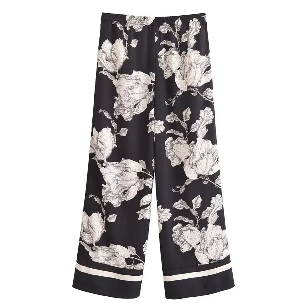 Casual Fashion Printed Collar Long Sleeve Shirt and Drawstring Pants Set for Women