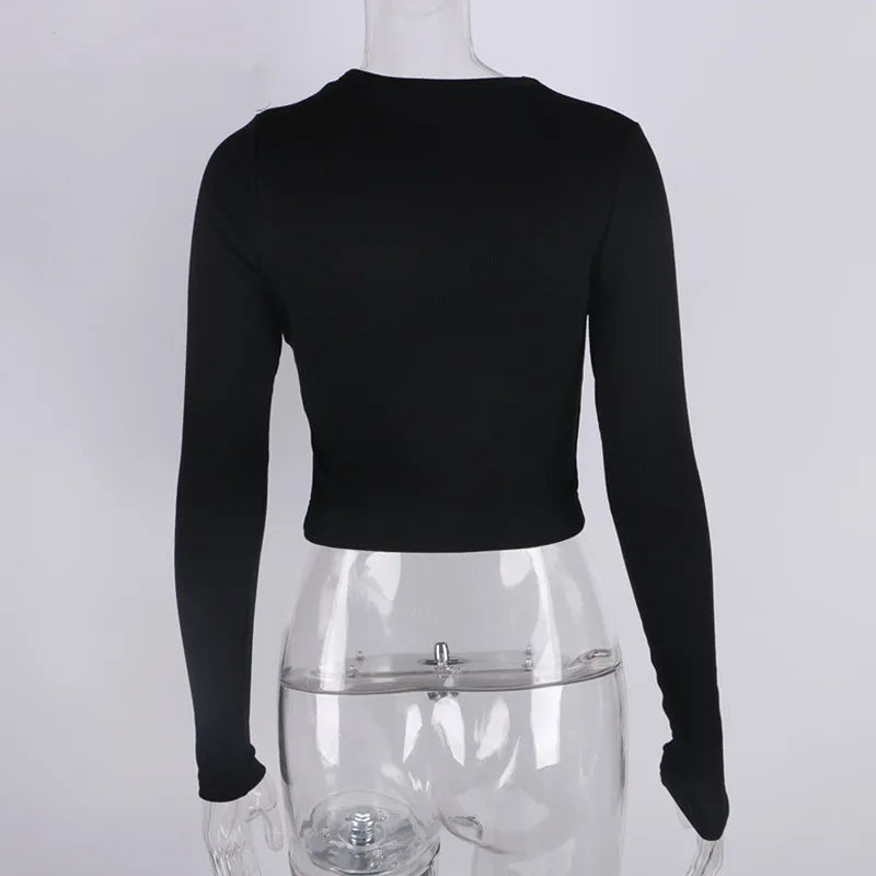 O Neck Long Sleeve Ribbed Crop Top for Women Casual Slim Fit T Shirts in Black and White