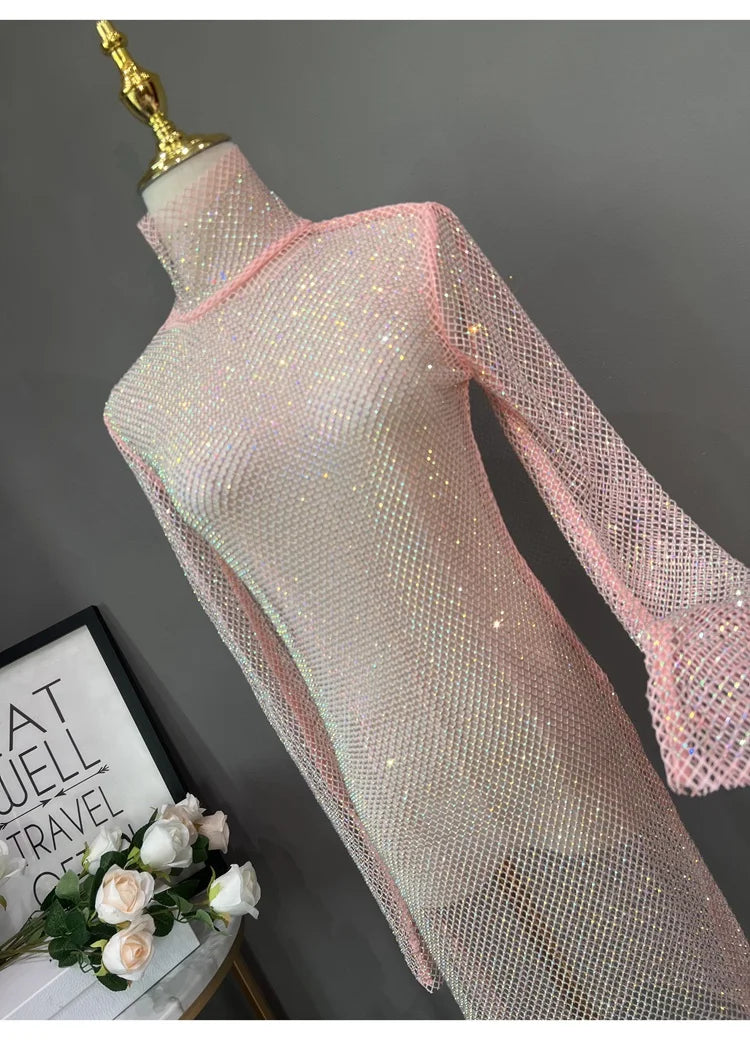 Rhinestone High Neck Glitter Party Dress Mid Length