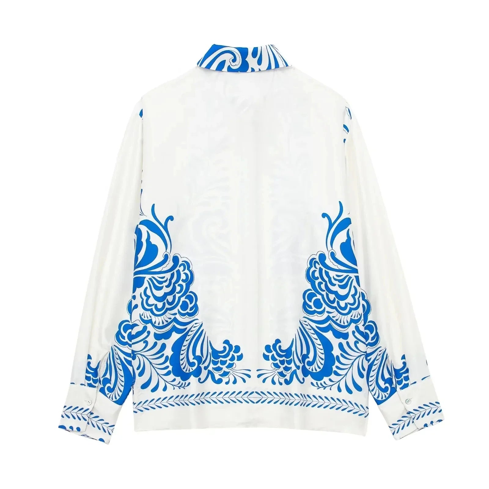 Women's Vintage Printed Casual Set with Long Sleeve Blouse and Straight Leg Pants