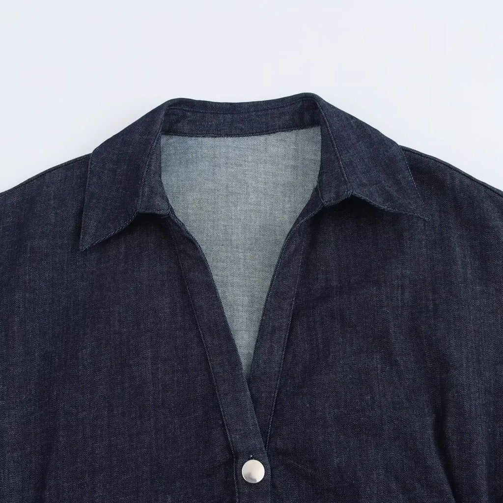 Denim Collared Short Sleeve Dress With Slimming Silhouette