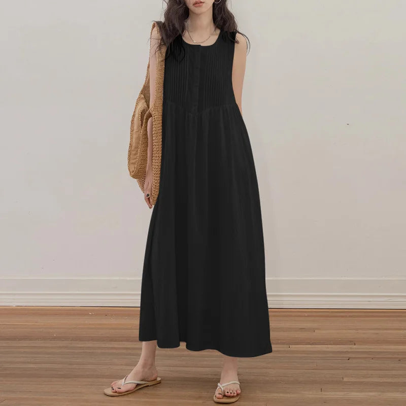 Sleeveless Pleated Long Sundress For Summer Beach Casual