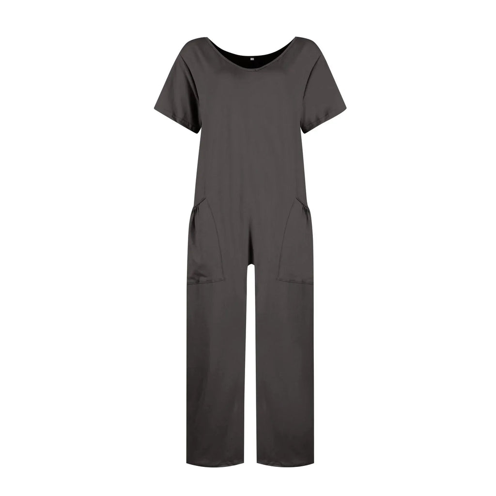 Women's Casual Short Sleeve Pullover Jumpsuit Loose Fit with Pockets Comfortable Lightweight Bodysuit Trendy Summer Romper