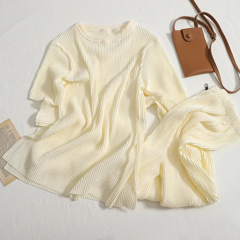 Elegant Summer Two Piece Set for Women Featuring Round Neck T-Shirt and High Waist Wide Leg Pants