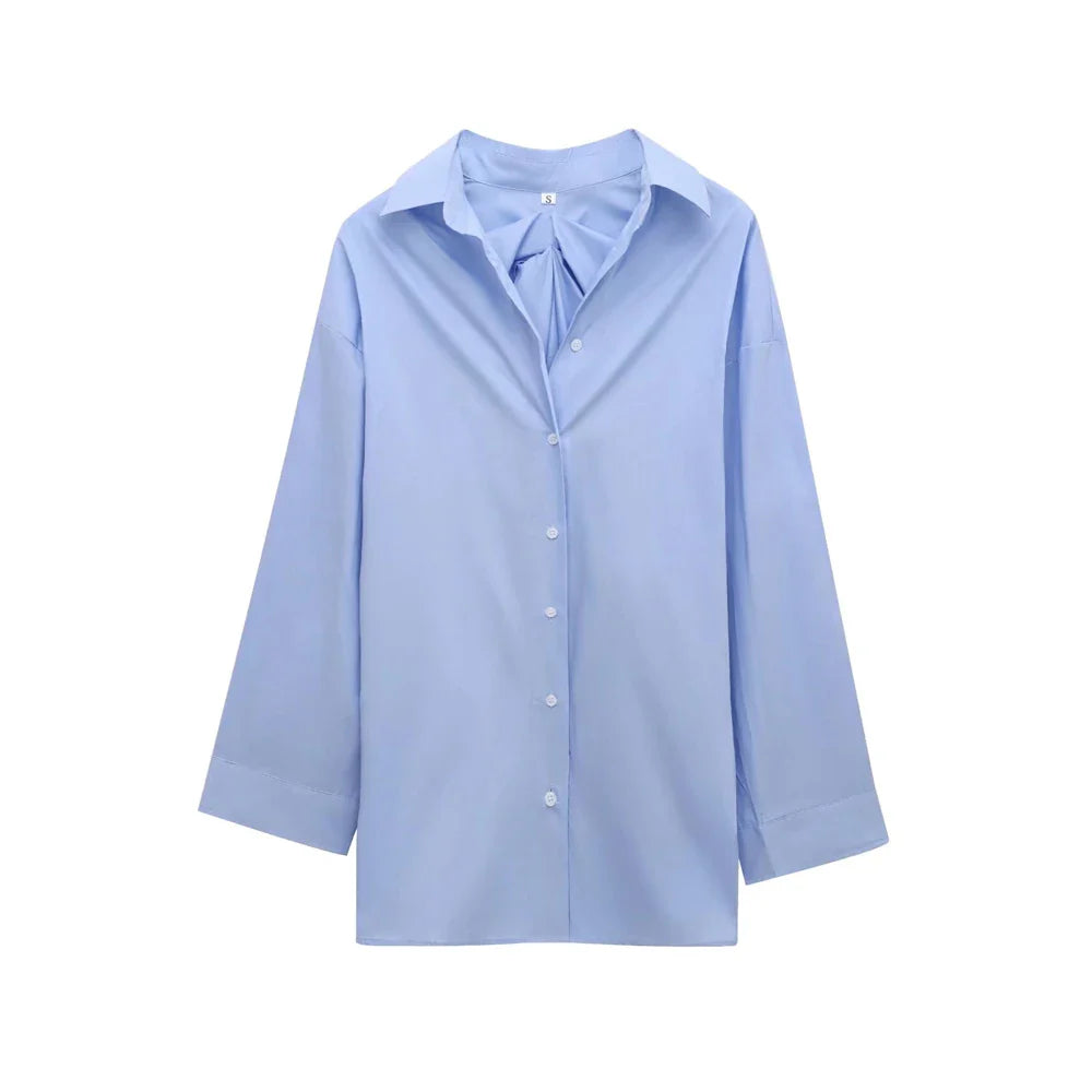 Oversized Pleated Back Long Sleeve Button-Up Shirt for Women Chic Fashion Blouse Top