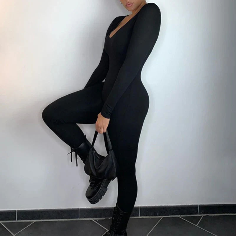 Sexy Black Long Sleeve Bodycon Jumpsuit for Women Slim Fit Casual Streetwear Skinny Romper