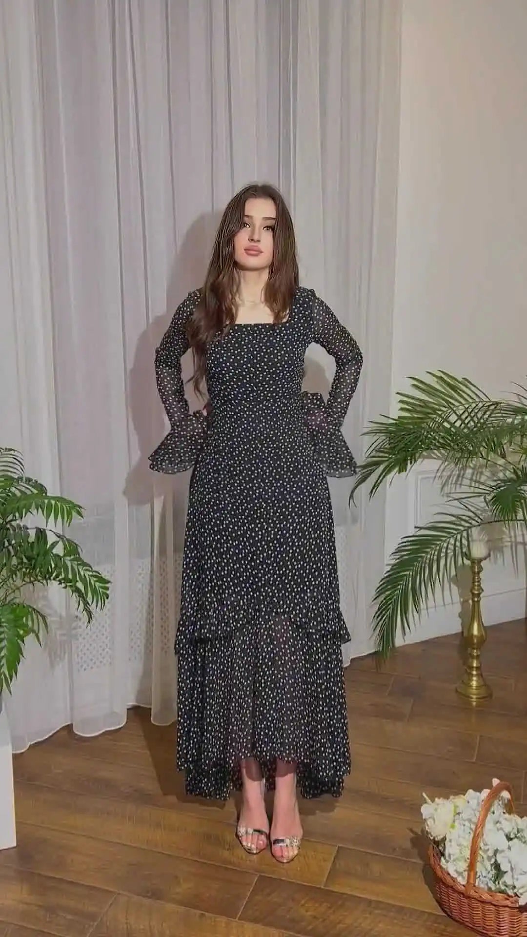 Polka Dot Chiffon Dress With Lotus Sleeve High Waist