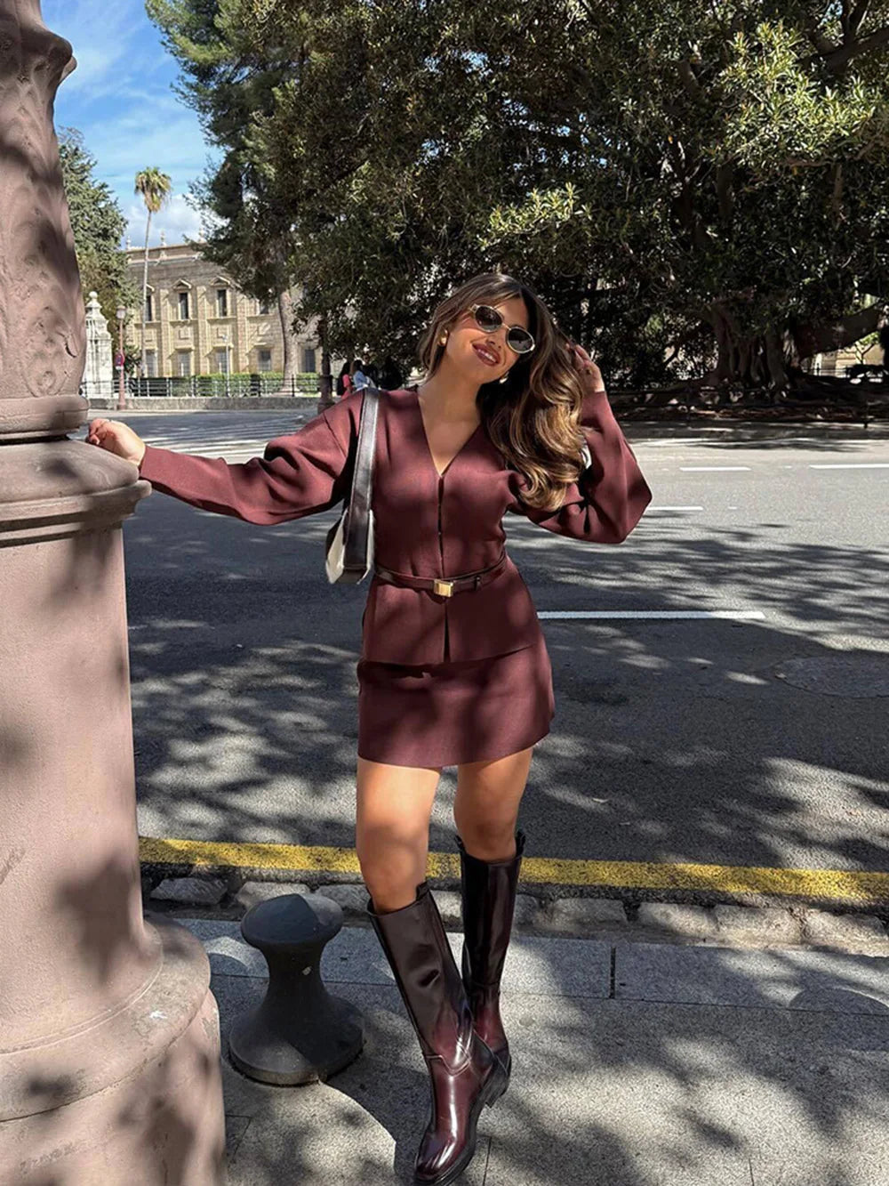 Women's Stylish Knit Mini Skirt Set with Slim Fit Jacket and High Waist Stretch Flat Knit Skirt Casual Chic Outfit