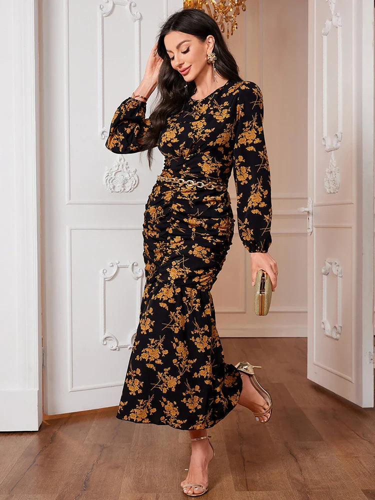 Black Floral Dress for Women Elegant Long Sleeve O Neck