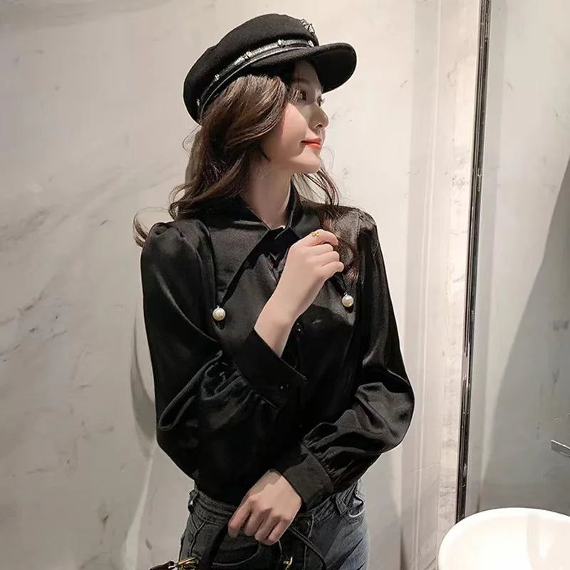 Spring Elegant Women Chiffon Blouse with Beaded Pointed Collar Loose Fit Long Sleeve Office Shirt Top