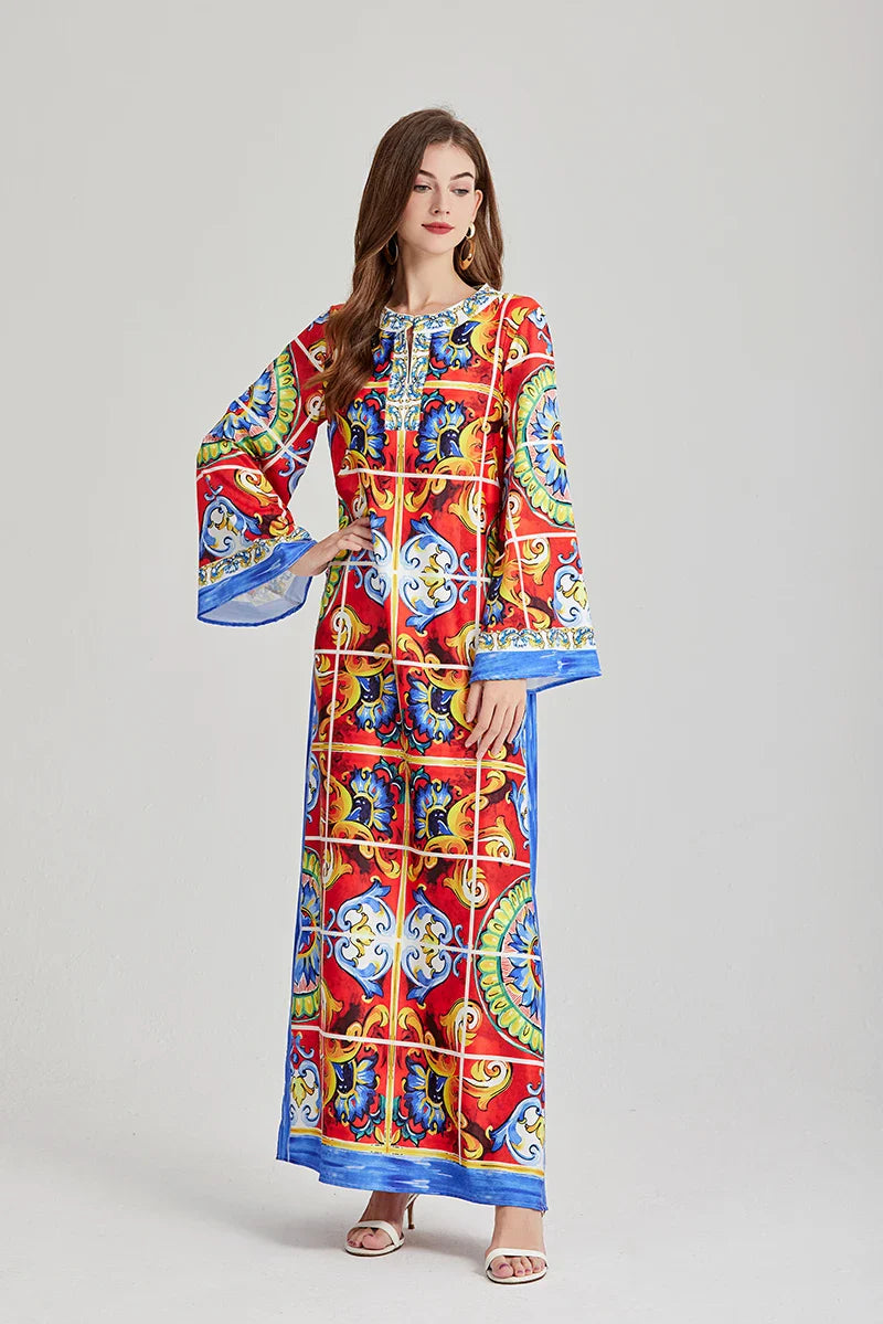 Bohemian Maxi Dress Floral Print Long Sleeve O Neck