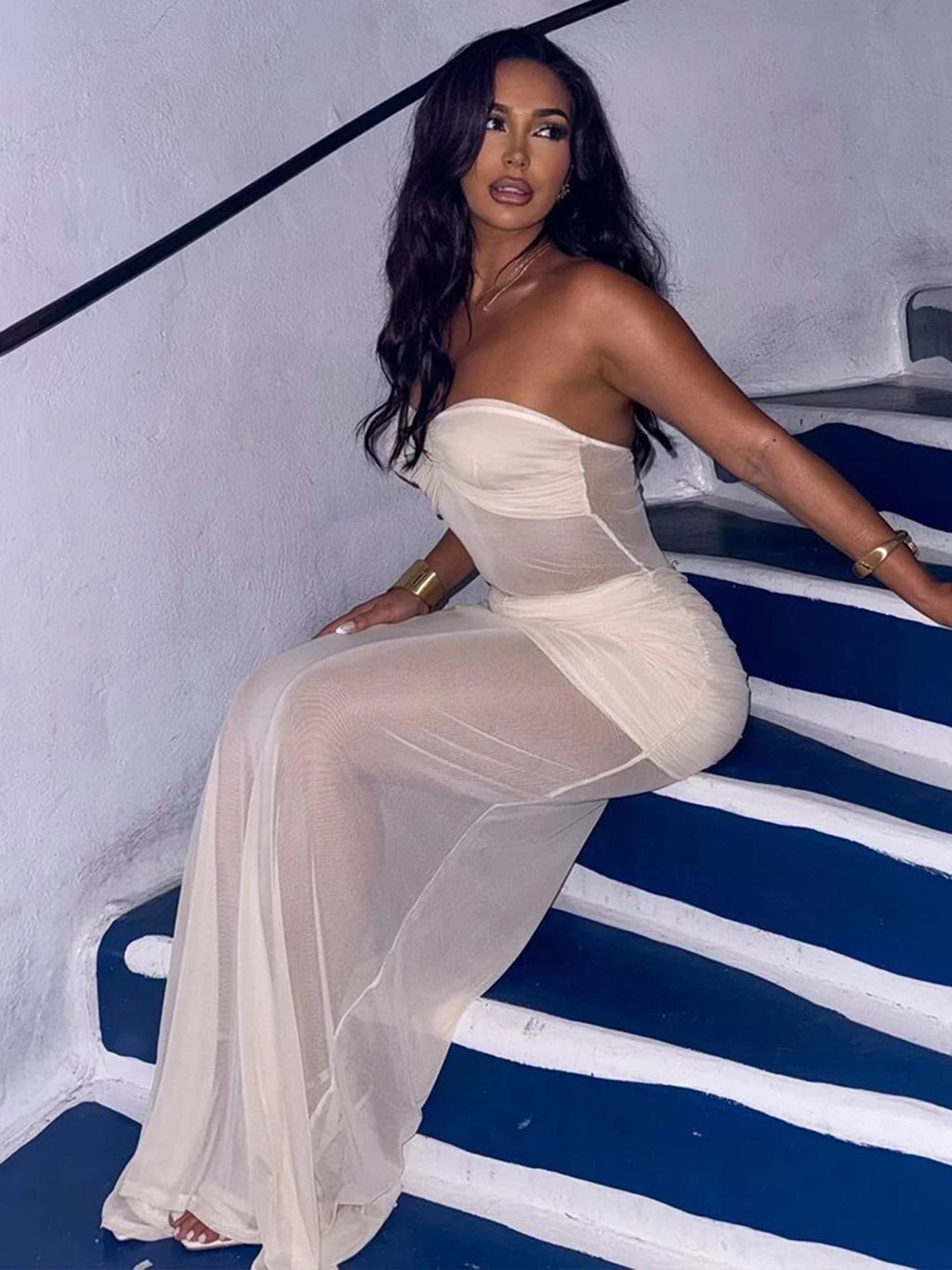 Backless Maxi Dress Sleeveless Bodycon Ruched Mesh Elegant