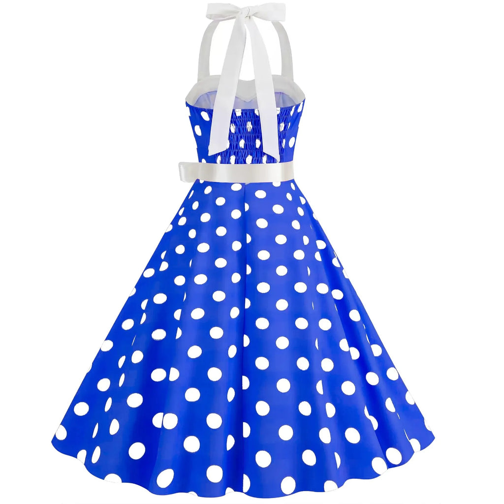 Retro Polka Dot Backless Dress With Lace Up Neckline Swing