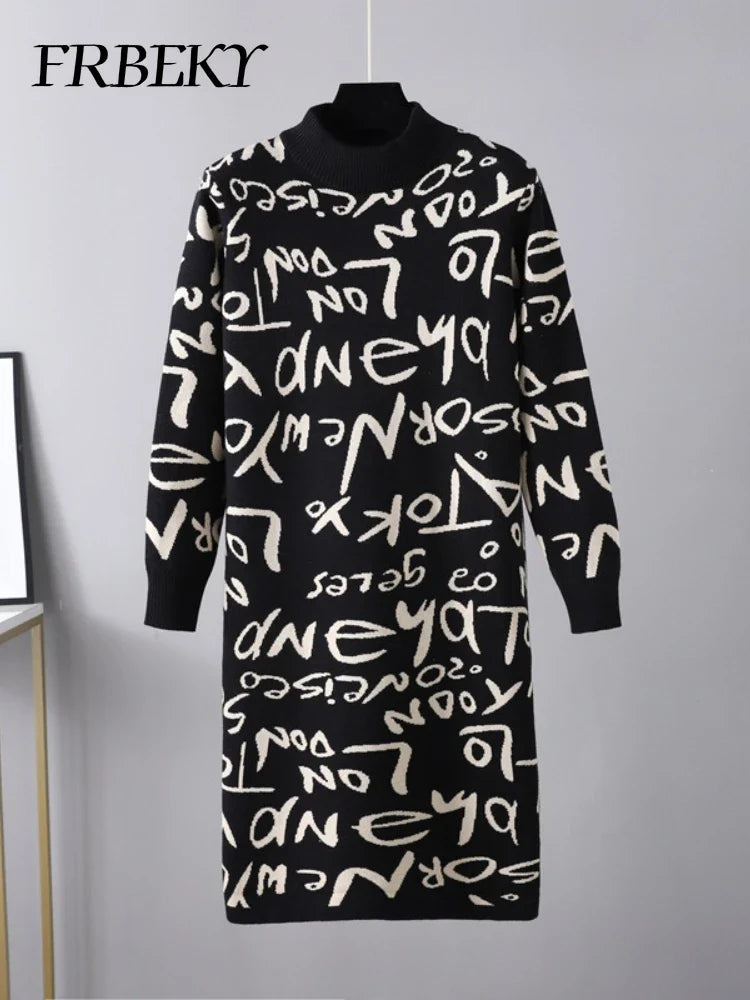 Vintage Knit Sweater Dress With Graffiti Letter Print