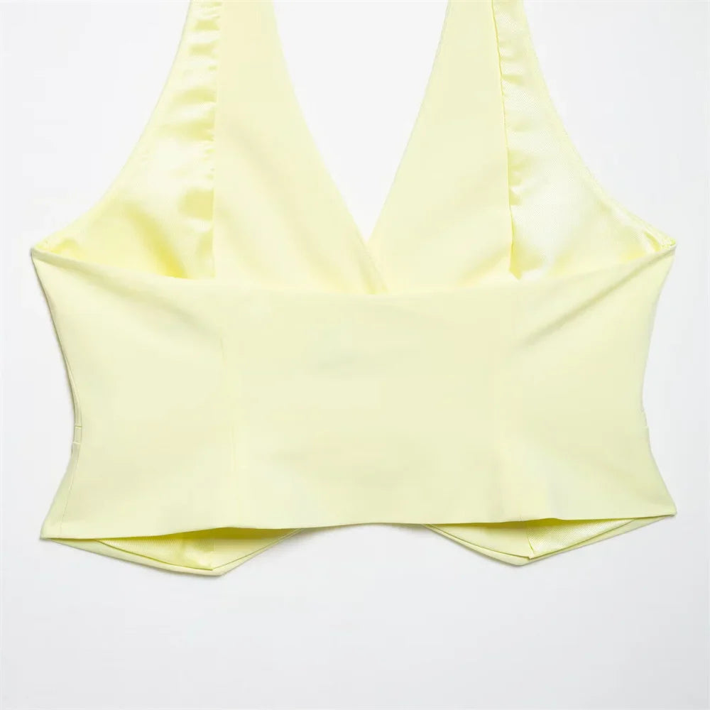 Womens Light Yellow Suit Set Halter Vest with Gold Buttons and Pleated Wide Leg Pants Stylish Ensemble