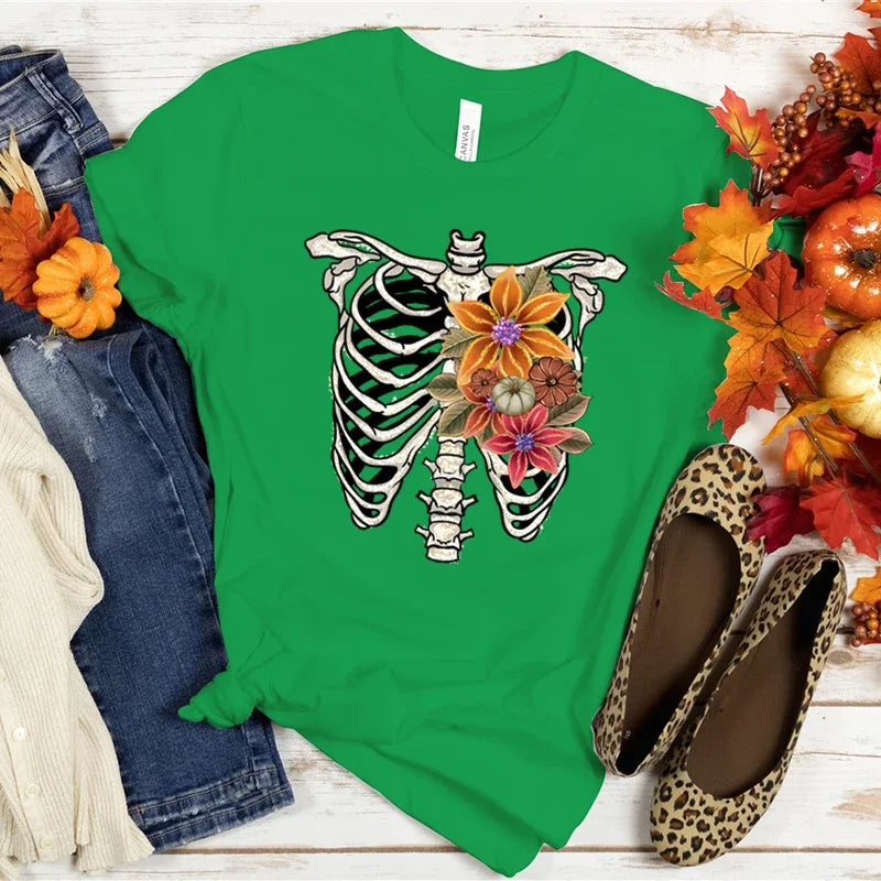 Halloween Skeleton Graphic Tee for Women with Flower Spine Design
