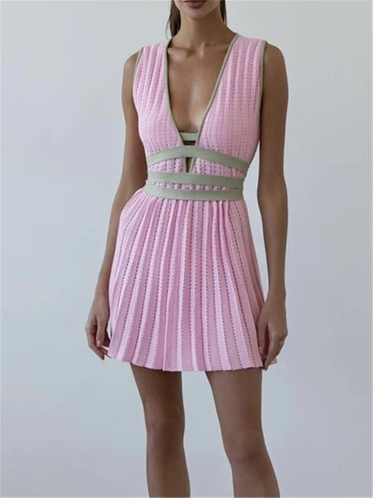 Summer V Neck Knit Dress For Women Sleeveless High Waist