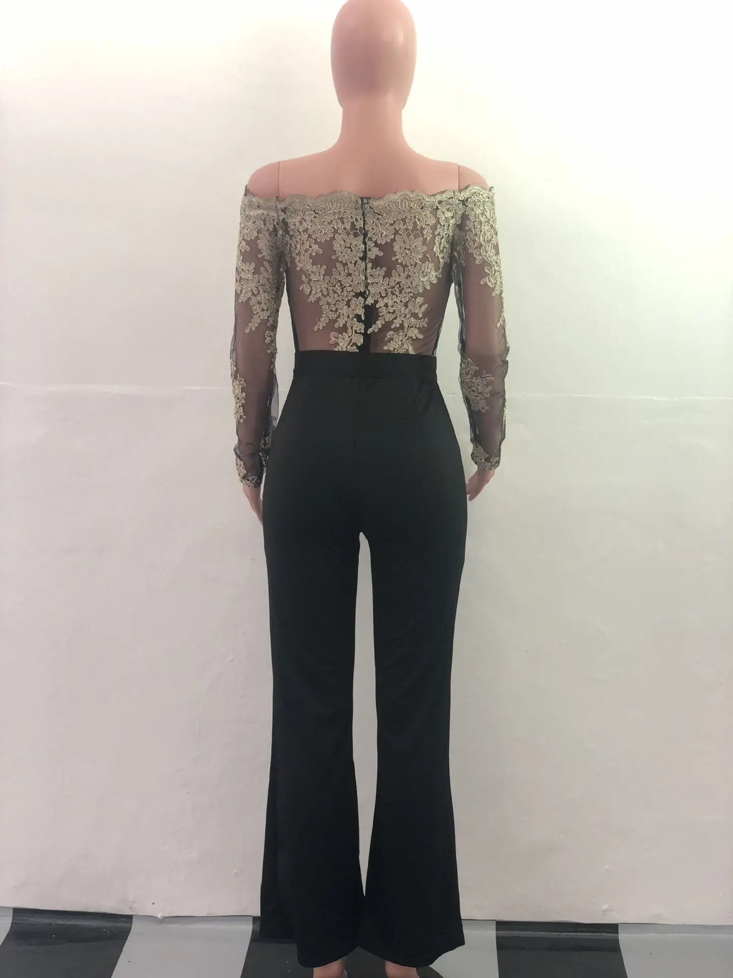 Appliques Lace Patchwork Off Shoulder Jumpsuit for Women with Slash Neck Long Sleeve and Elegant Wide Leg Pants Party Overalls