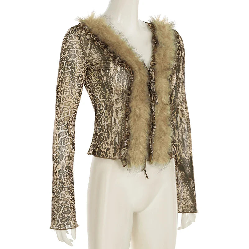 Casual Leopard Fur Trim Sheer Mesh V-Neck Long Sleeve Slim Bandage Blouse for Women