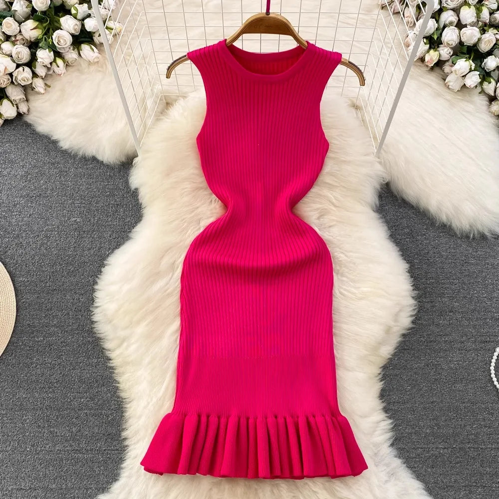 Knitted Mini Dress Women Summer Bodycon Ruffled Elegant