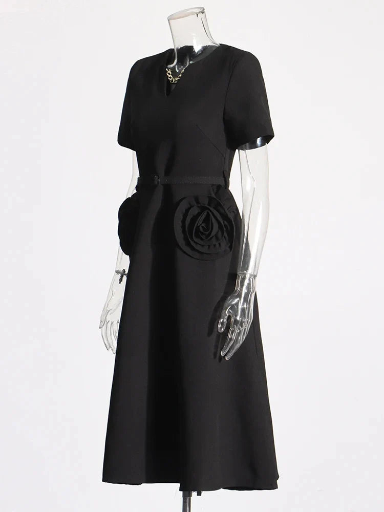 Hollow Out Patchwork Dress For Women V Neck Long Belted