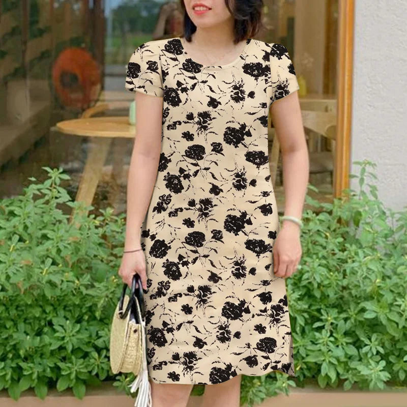 Bohemian Floral Sundress For Women Knee Length Short Sleeve