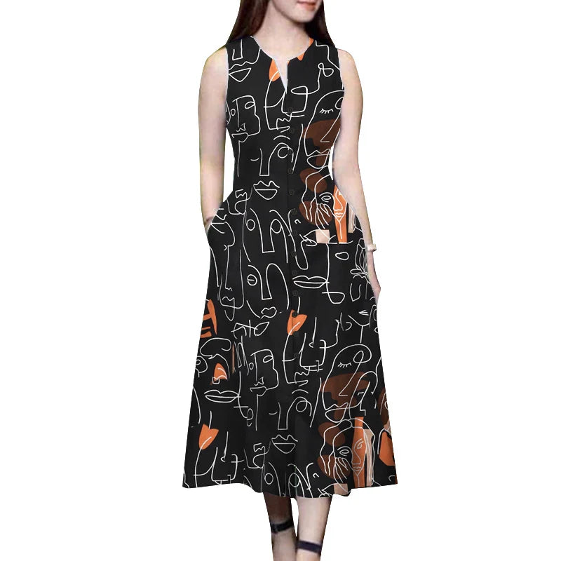 V Neck Sleeveless A Line Printed Sundress For Summer