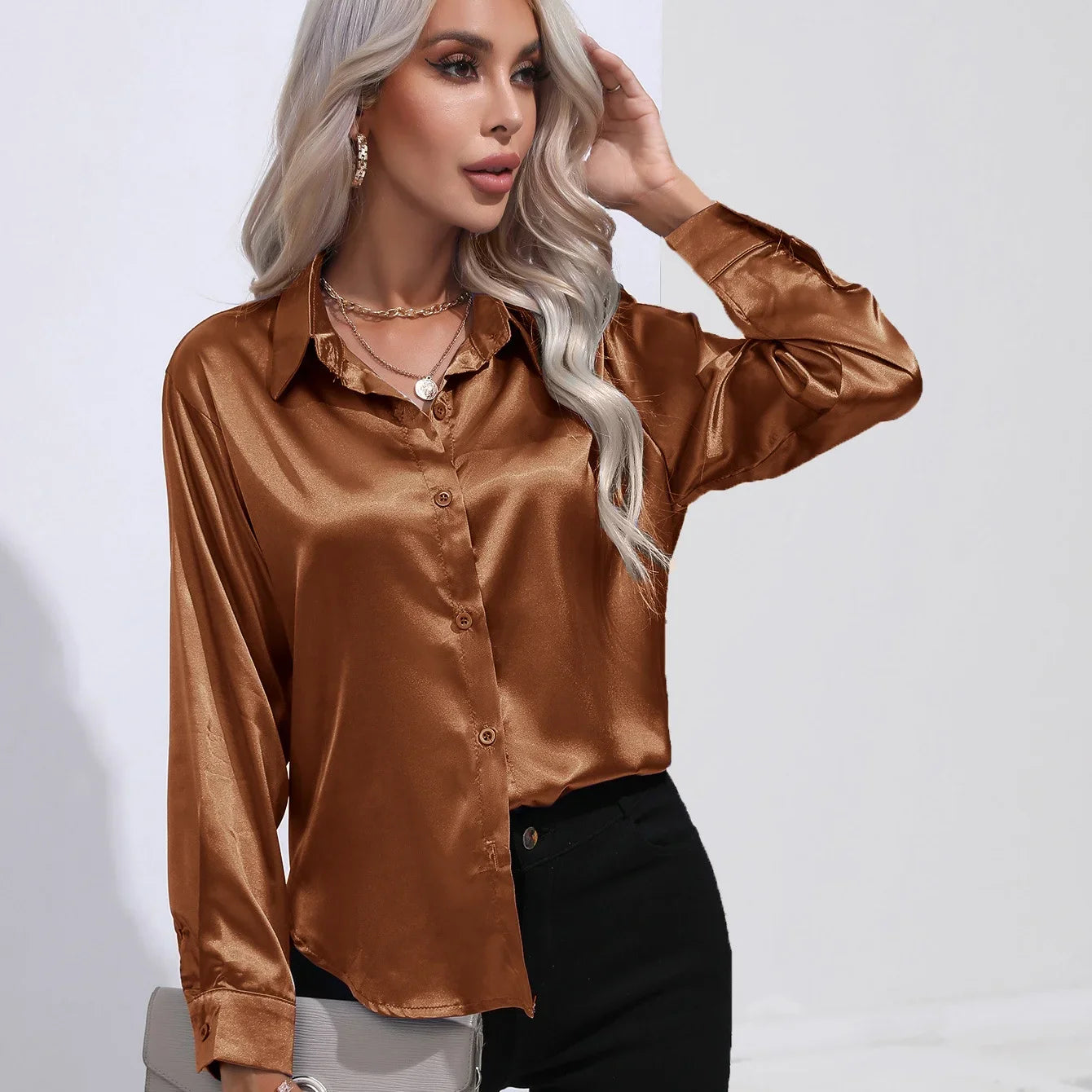Elegant Autumn Satin Blouse for Women Multicolor Slim Fit Solid Vintage Style Transparent Button Shirt Perfect for Casual and Party Wear