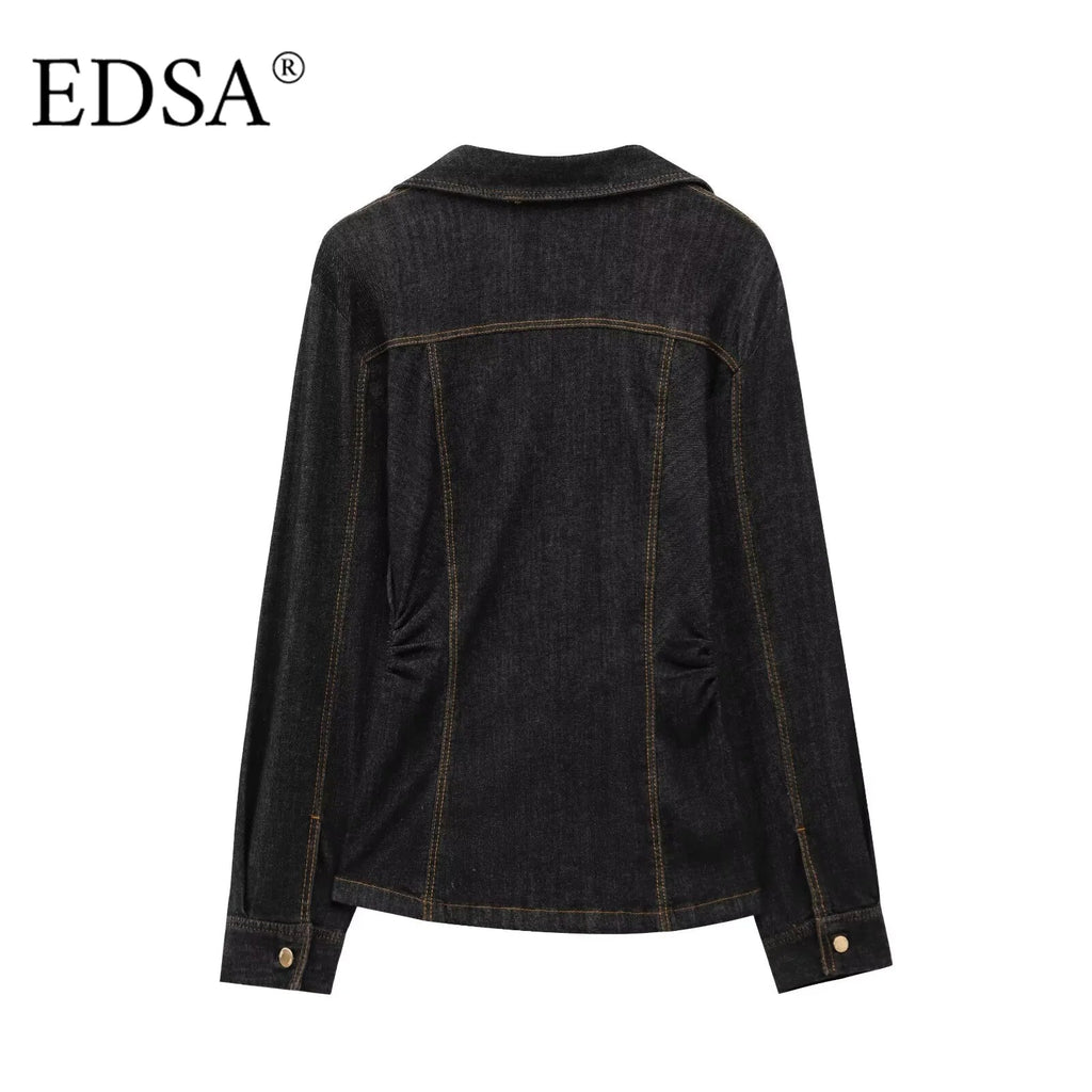 Women Black Denim Pants Set with Fitted Shirt and Patch Pockets Straight Leg Jeans Suit